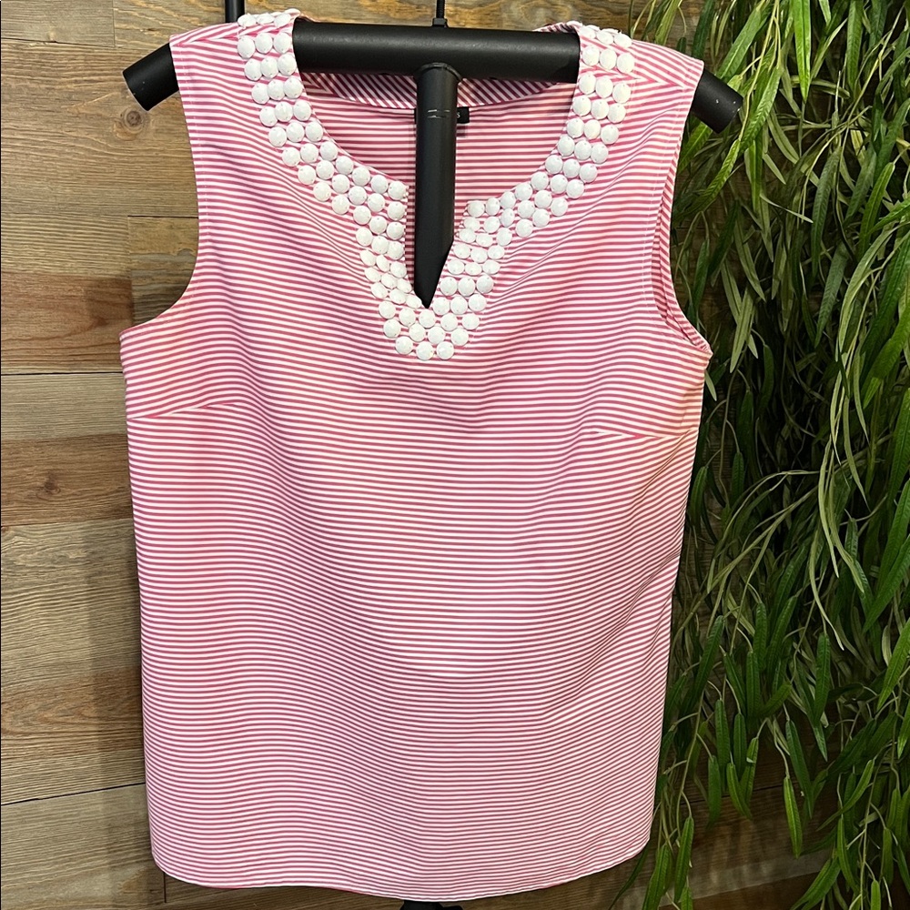 Talbots Pink and White Striped Sleeveless Blouse with Embellished Neckline